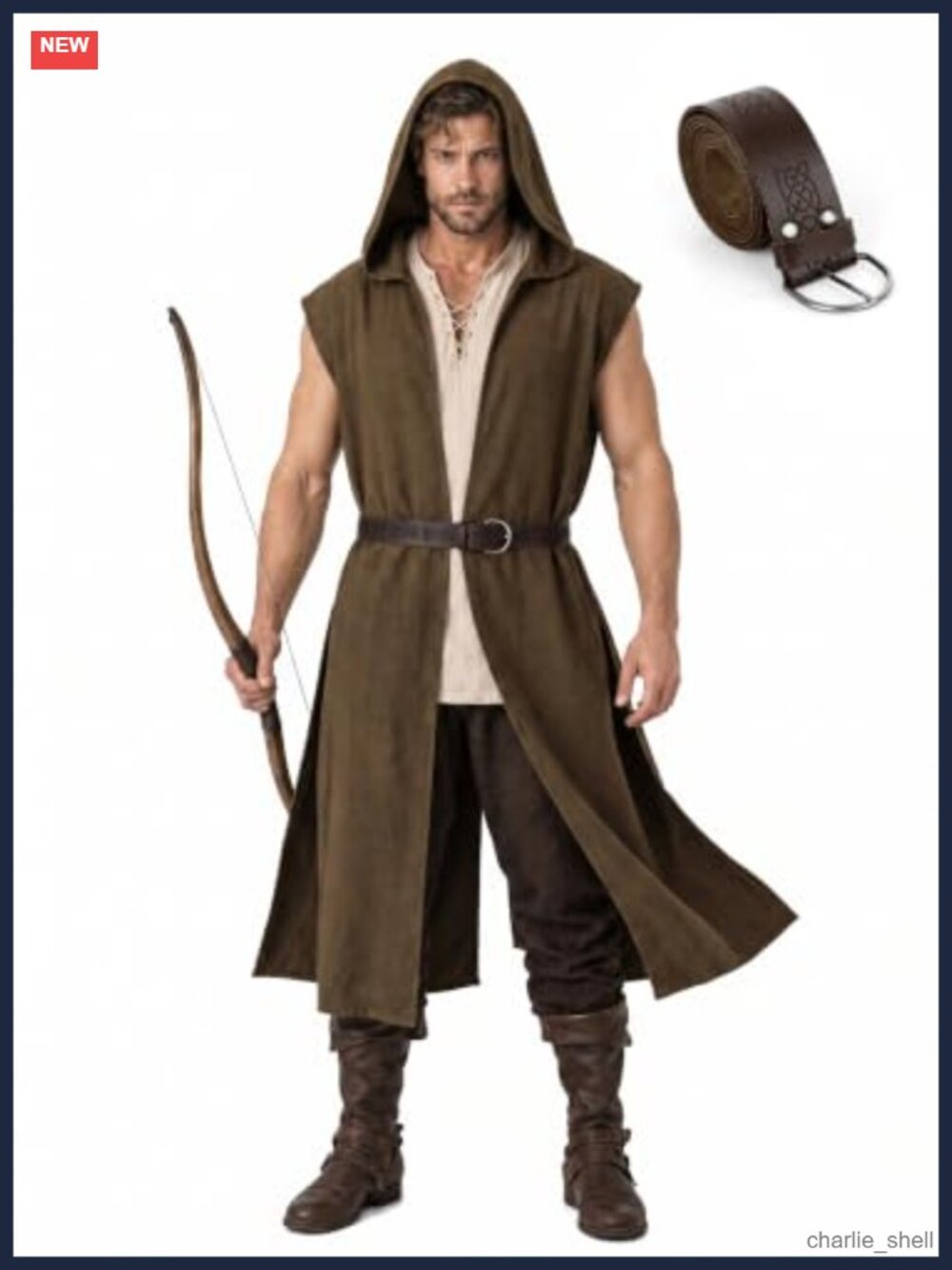 Mens Medieval Hooded Sleeveless Surcoat Faux Linen